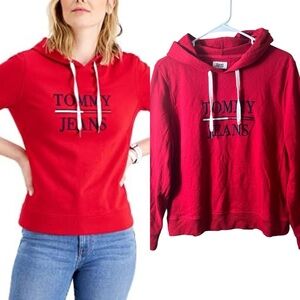 Tommy Jeans Red Hoodie Small Vintage Y2K Aesthetic Preppy Casual Retro Skater